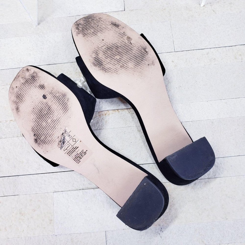 H&M Sandal Premium Black Suede Pearl Mules Slides 7 - Picture 7 of 11